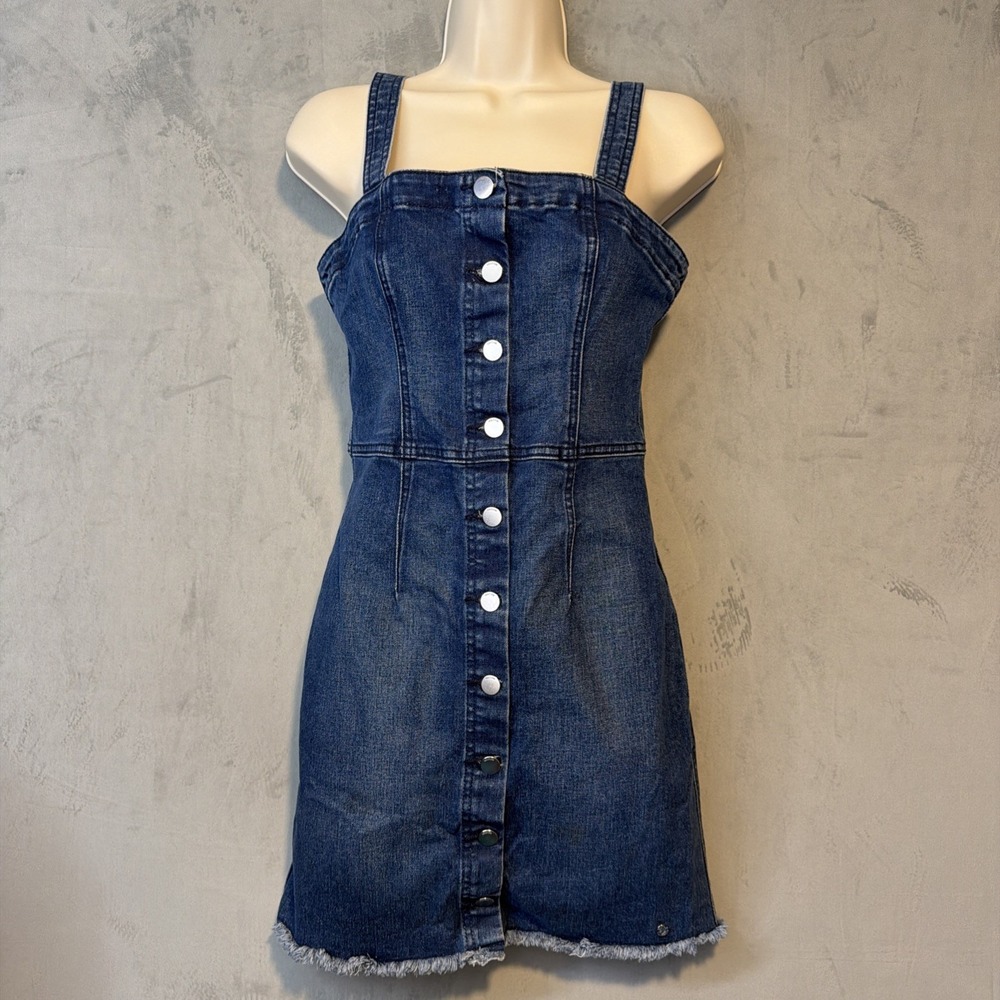 Volcom Denim Mini Dress Women's Small Blue Button Front Frayed Hem Stretch